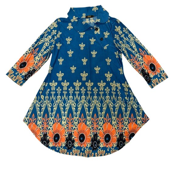 R&B Collection Flower Power Tunic Dress Size XL Floral Retro Blue Orange - Picture 3 of 14